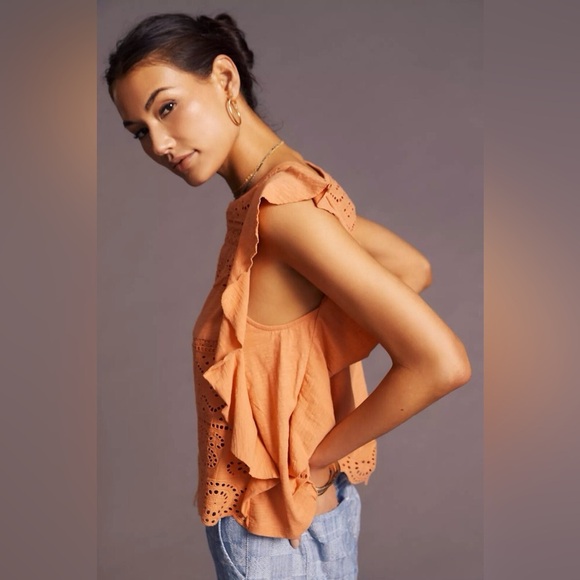 By Anthropologie Eyelet Embroidered Lace Top in Terracotta Size Extra Large. - Picture 11 of 14